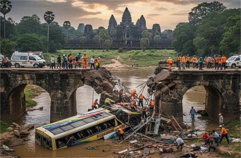 कंबोडिया में बड़ा हादसा: पर्यटन स्थल से आ रही बस पुल से गिरी, 16 यात्रियों की मौके पर मौत, कई घायल